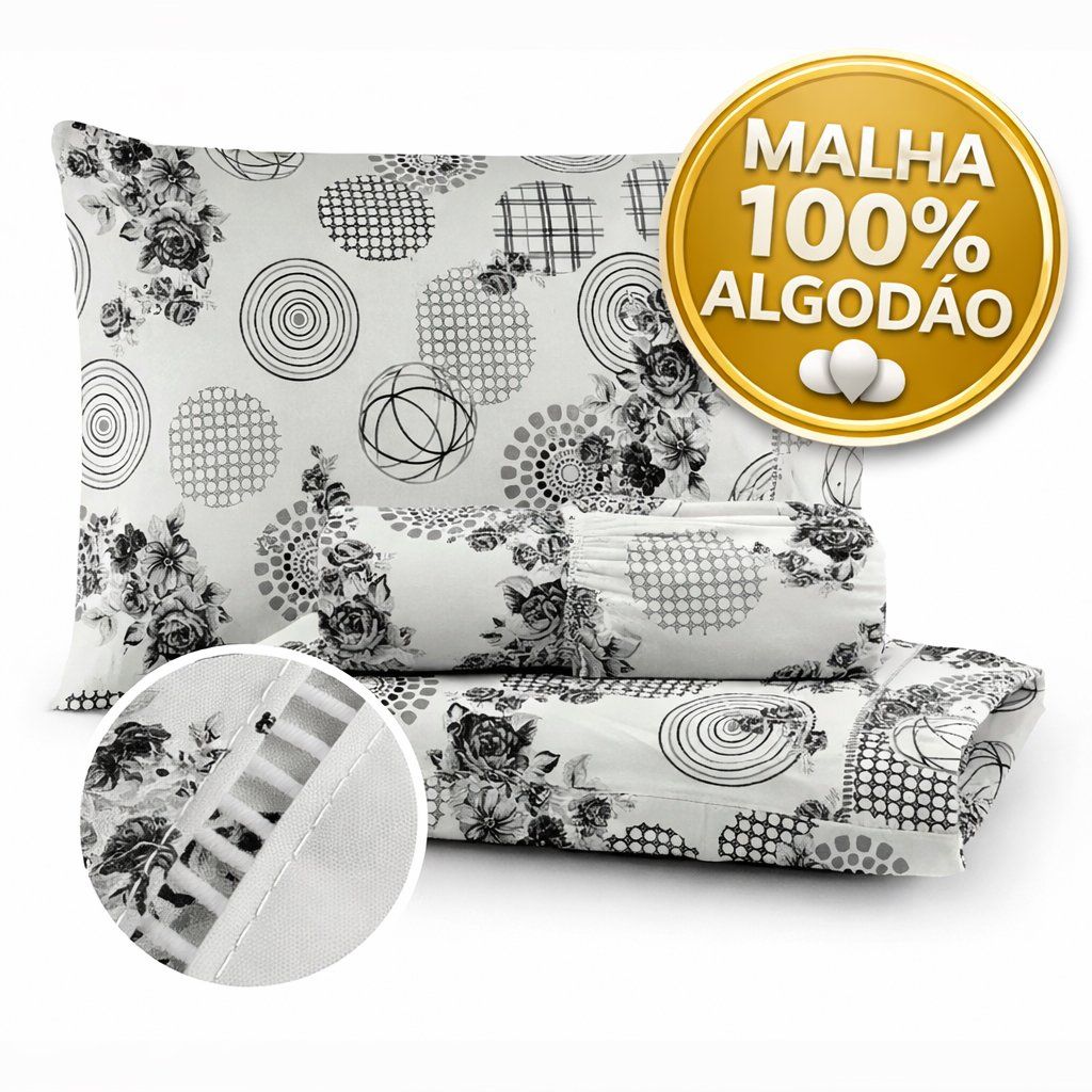 JOGO DE LENÇOL CASAL MALHA FIO 24 3 PÇS RAMADO ESTAMPADO