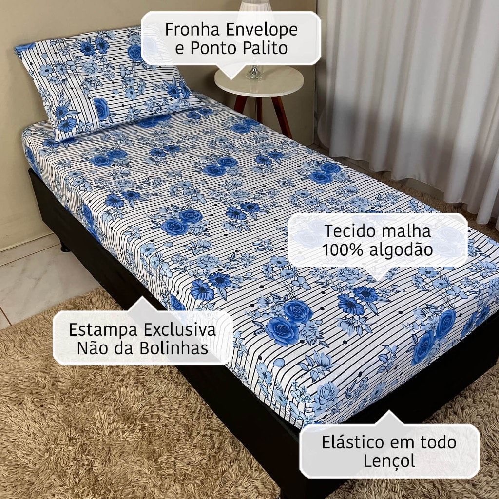 JOGO DE LENÇOL SOLTEIRO MALHA FIO 24 2 PÇS RAMADO ESTAMPADO - foto 2