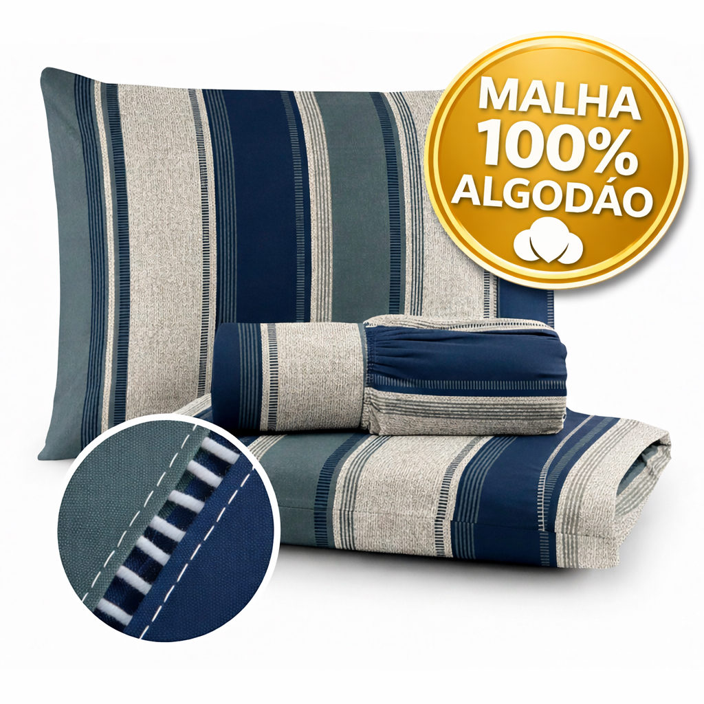 JOGO DE LENÇOL QUEEN MALHA FIO 30 3 PÇS ESTAMPADO RAMADO